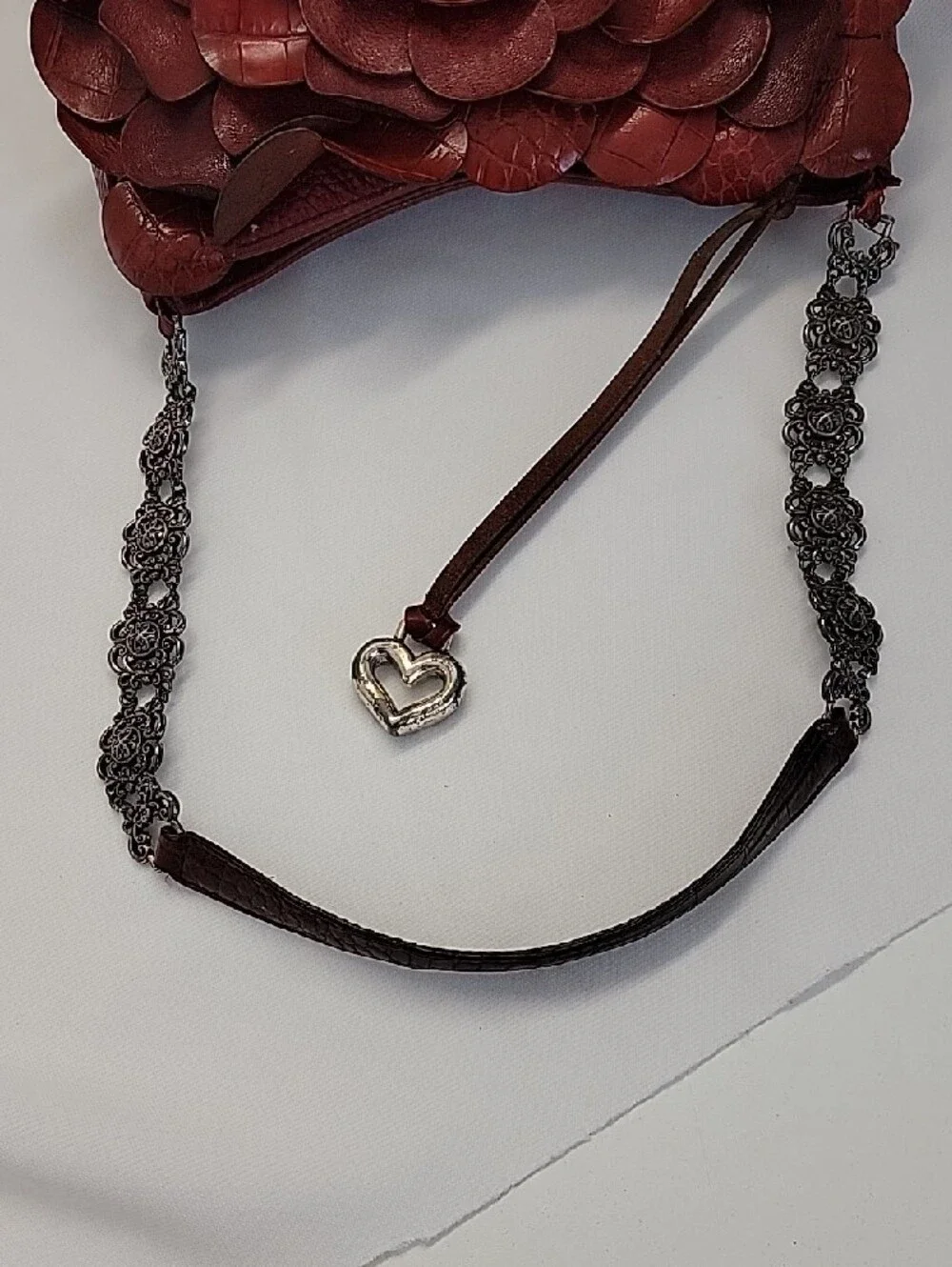Red leather Brighton Rosalie handbag 3D flower petals - Picture 5 of 9